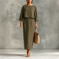 Long Sleeve Solid Color Top Split Long Skirt Suit HNIF-SR002