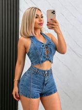 Halterneck Hollow Out Denim Two Piece Shorts Set GMYU-6797