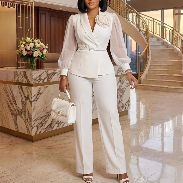 Plus Size Mesh Long Sleeve 2 Piece Pants Set GMLF-3383