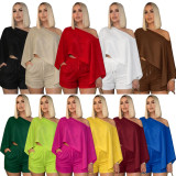 Slash Shoulder Bat Sleeve Two Piece Shorts Set HNIF-CH603
