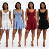 V Neck Solid Color Backless Mini Dress GMYU-9512