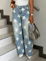 Plus Size Star Printed Straight Jeans GYLN-9093