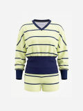 Stripe V Neck Long Sleeve Two Piece Shorts Set HNIF-YY047