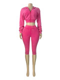 Long Sleeve Zipper Hooded Sweatshirts Seventh Pants Suit CH-26085