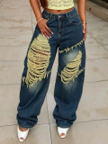 Plus Size Wash Holes Loose Jeans GYLN-0391