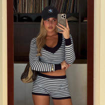 V Neck Stripe Long Sleeve Two Piece Shorts Set GSBW-Y26ST281