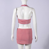 Stripe Halterneck Top Two Piece Skirts Set GNZD-11778PBM