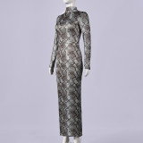 Retro Snake Patterned Ice Silk Maxi Dress GNZD-11814