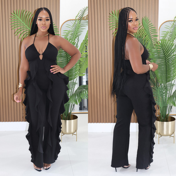 Halterneck V Neck Ruffles Sling Jumpsuit BY-7836