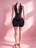 Deep V Neck Hollow Out Bodysuit Two Piece Shorts Set GFCF-1556