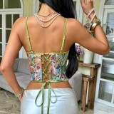 Jacquard Floral Printed Lace Up Fishbone Vest GPBY-VE8586