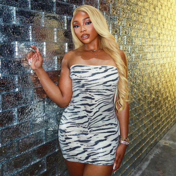 Zebra Print Color Blocking Sequin Mini Dress GNZD-32785DBY