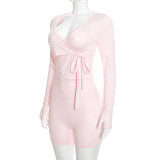 Solid Color Long Sleeve Tie Up 2 Piece Short Set GSBW-Q26ST205