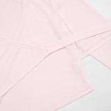 Solid Color Long Sleeve Tie Up 2 Piece Short Set GSBW-Q26ST205