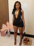 Deep V Neck Hollow Out Bodysuit Two Piece Shorts Set GFCF-1556