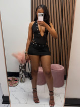Deep V Neck Hollow Out Bodysuit Two Piece Shorts Set GFCF-1556