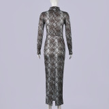 Retro Snake Patterned Ice Silk Maxi Dress GNZD-11814