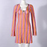 Long Sleeve Deep V Neck Printed Mini Dress GNZD-12153DBM