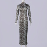 Retro Snake Patterned Ice Silk Maxi Dress GNZD-11814