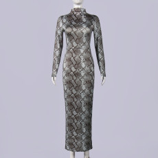 Retro Snake Patterned Ice Silk Maxi Dress GNZD-11814