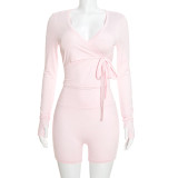 Solid Color Long Sleeve Tie Up 2 Piece Short Set GSBW-Q26ST205