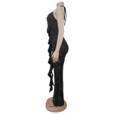 Halterneck V Neck Ruffles Sling Jumpsuit BY-7836