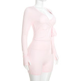 Solid Color Long Sleeve Tie Up 2 Piece Short Set GSBW-Q26ST205