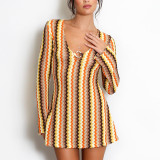 Long Sleeve Deep V Neck Printed Mini Dress GNZD-12153DBM