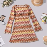 Long Sleeve Deep V Neck Printed Mini Dress GNZD-12153DBM
