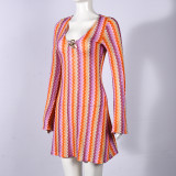 Long Sleeve Deep V Neck Printed Mini Dress GNZD-12153DBM