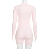 Solid Color Long Sleeve Tie Up 2 Piece Short Set GSBW-Q26ST205