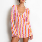 Long Sleeve Deep V Neck Printed Mini Dress GNZD-12153DBM