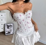 Floral Printed Lace Strapless Fishbone Lace Up Vest GPBY-VE8368