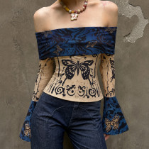 One Shoulder Butterfly Print T Shirt GPKJ-MR51658