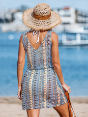 Multicolor Stripe Printed V Neck Midi Dress GNZD-11966DBM