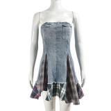 Contrast Color Plaid Printed Denim MIni Dress GNZD-51096DHD