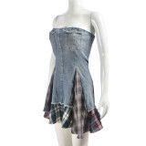 Contrast Color Plaid Printed Denim MIni Dress GNZD-51096DHD