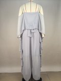 Solid Color Off Shoulder Chiffon Two Piece Pants Set MDF-5573