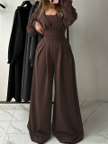 Solid Color V Neck Lantern Sleeve Three Piece Pants Set MIL-L400