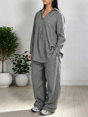 Loose V Neck Long Sleeve Two Piece Pants Set MIL-L405