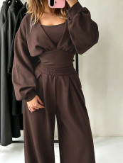 Solid Color V Neck Lantern Sleeve Three Piece Pants Set MIL-L400