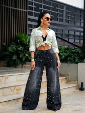 Plus Size Riveted Washed Straight Jeans GYLN-0690