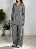 Loose V Neck Long Sleeve Two Piece Pants Set MIL-L405