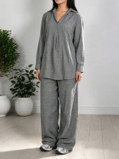 Loose V Neck Long Sleeve Two Piece Pants Set MIL-L405