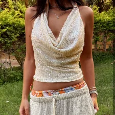 Hollow Out Off Shoulder Sequin Top GNZD-11758