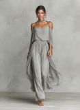Solid Color Off Shoulder Chiffon Two Piece Pants Set MDF-5573