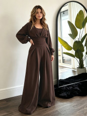 Solid Color V Neck Lantern Sleeve Three Piece Pants Set MIL-L400