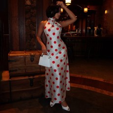 Sleeveless Polka Dot Printed Halterneck Maxi Dress DLSF-K6D16498A