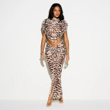 Leopard Printed Top Split Long Skirt 2 Piece Set SHD-8520