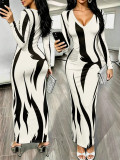 Deep V Neck Color Block Long Sleeve Maxi Dress YWXS-K26L3025